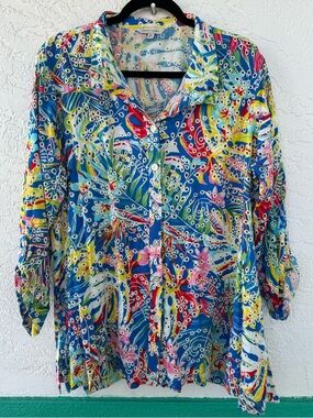 John Mark Floral Embroidered Eyelet Button Down Tunic Blue White XL